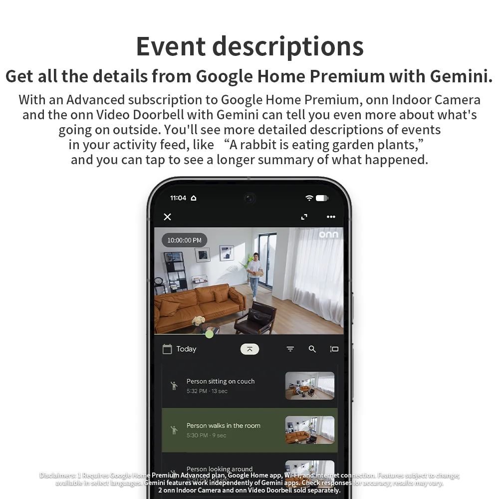 onn Indoor Camera Wired, 1080p HDR Video with Google Home and Gemini