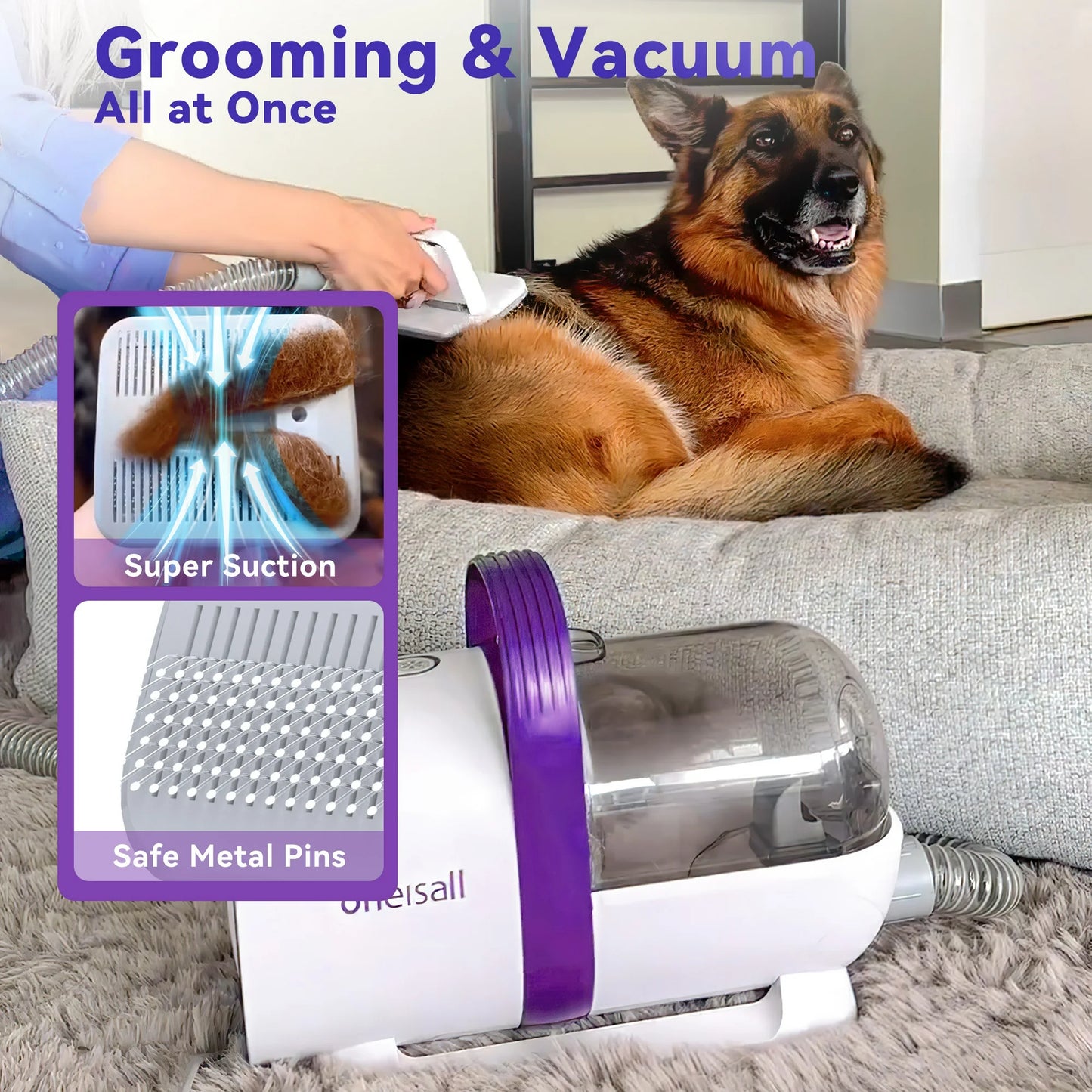Oneisall LM3 Dog Grooming Vacuum - 8-in-1 Kit, 11000Pa Super Suction, Purple
