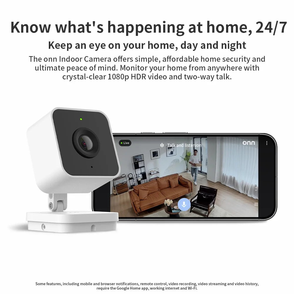 onn Indoor Camera Wired, 1080p HDR Video with Google Home and Gemini