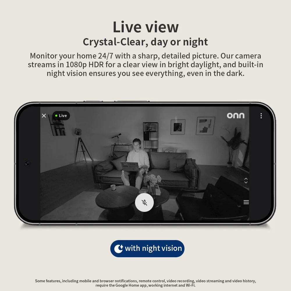 onn Indoor Camera Wired, 1080p HDR Video with Google Home and Gemini