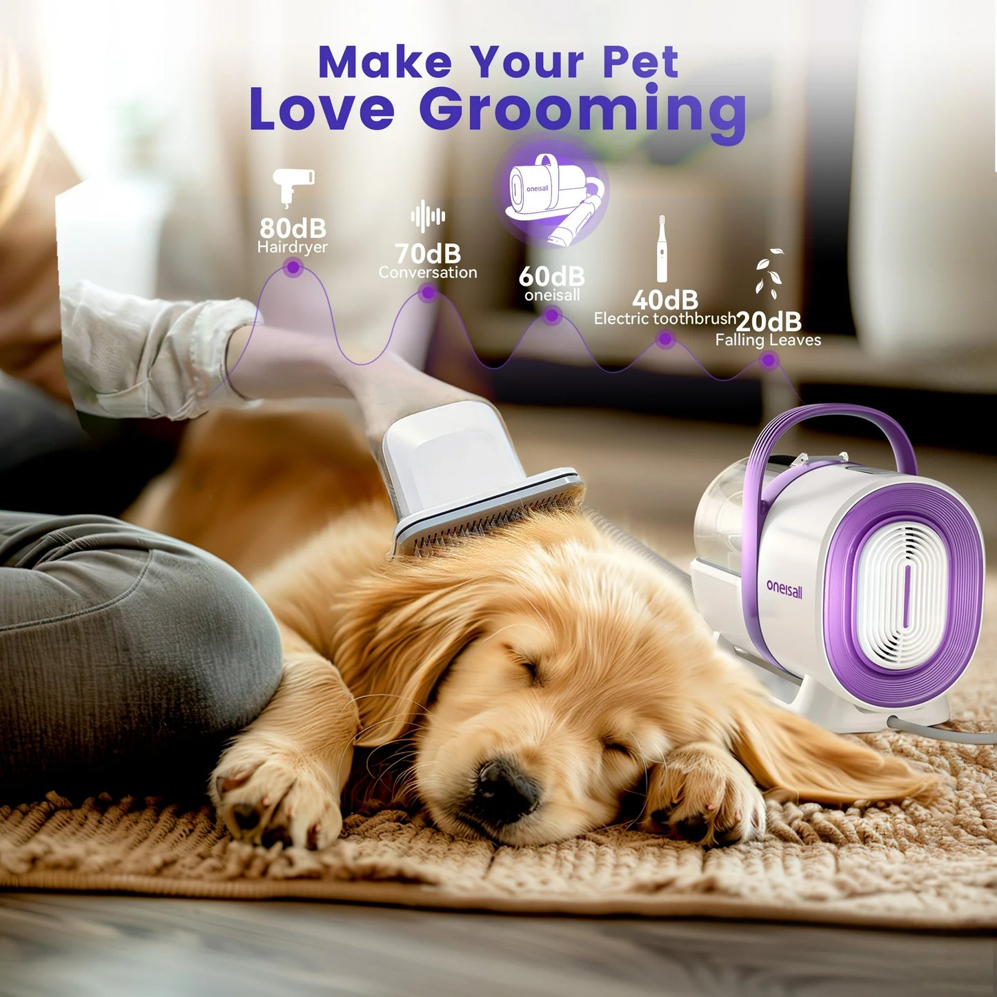 Oneisall LM3 Dog Grooming Vacuum - 8-in-1 Kit, 11000Pa Super Suction, Purple