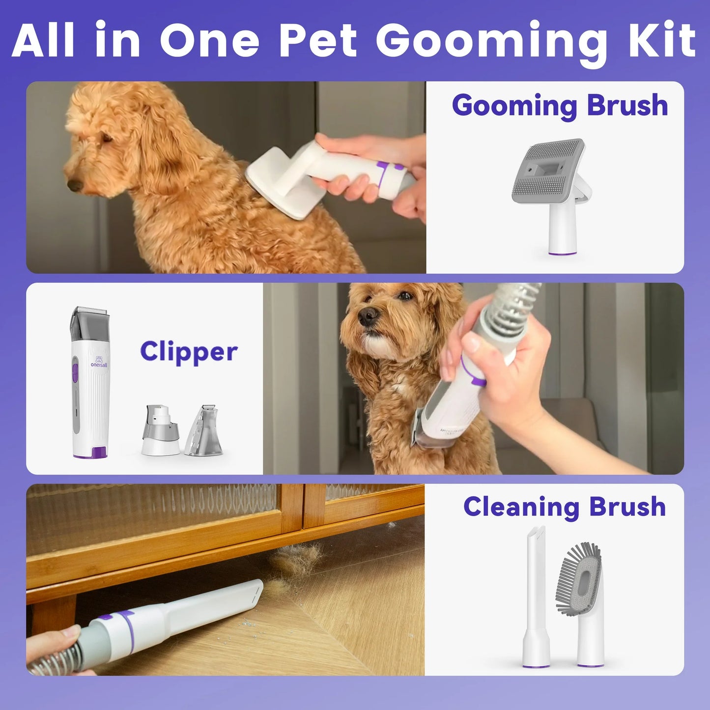 Oneisall LM3 Dog Grooming Vacuum - 8-in-1 Kit, 11000Pa Super Suction, Purple