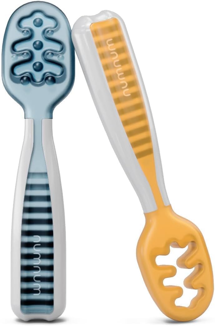 Baby Spoons Set - First Stage Self-Feeding GOOtensils for 6+ Months (2 Pack Blue/Orange)