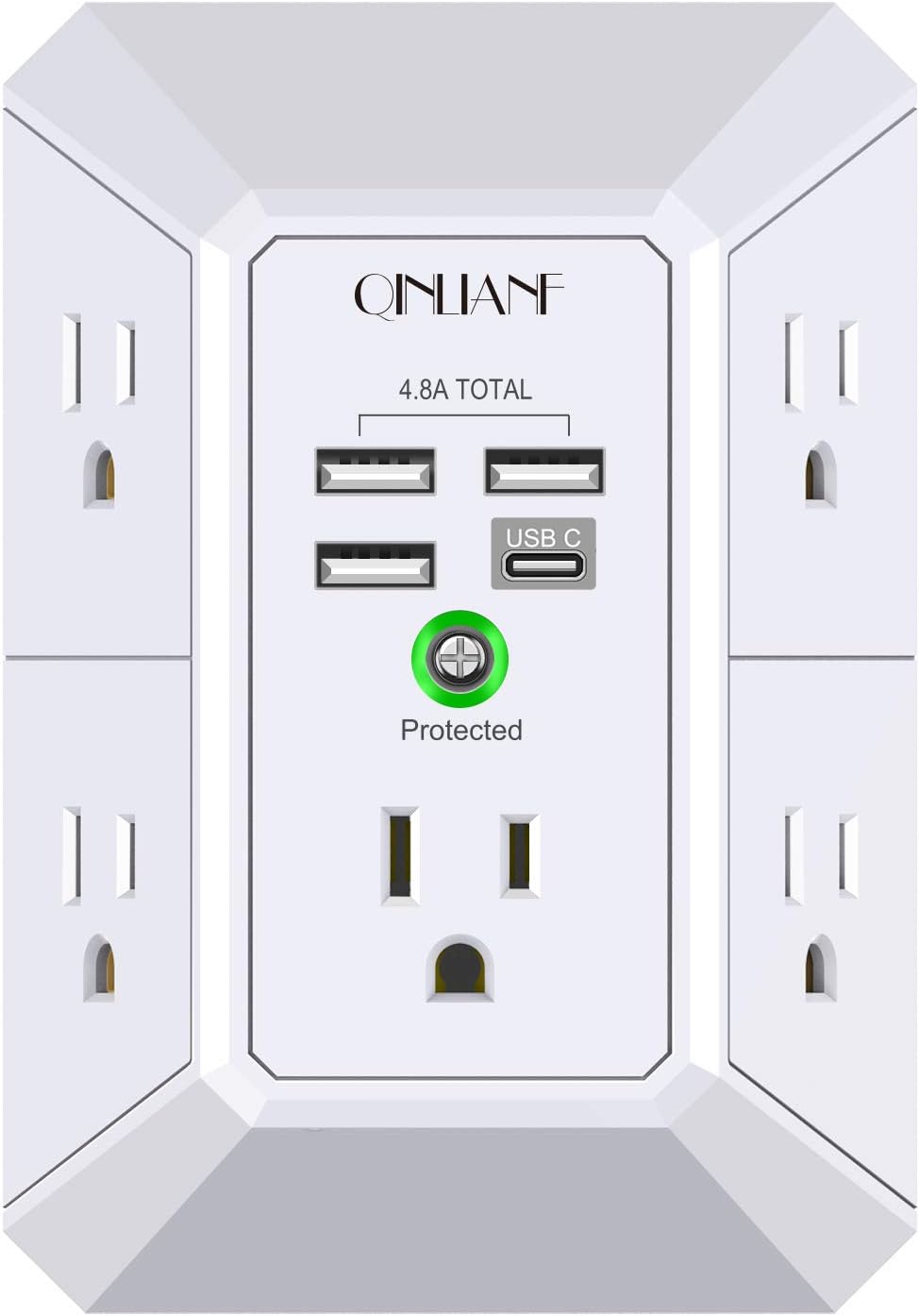 Outlet Extender with 4 USB Charging Ports (4.8A Total) - 3-Sided 1680J Power Strip Multi Plug Adapter for Home Travel Office
