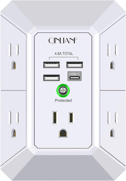 Outlet Extender with 4 USB Charging Ports (4.8A Total) - 3-Sided 1680J Power Strip Multi Plug Adapter for Home Travel Office