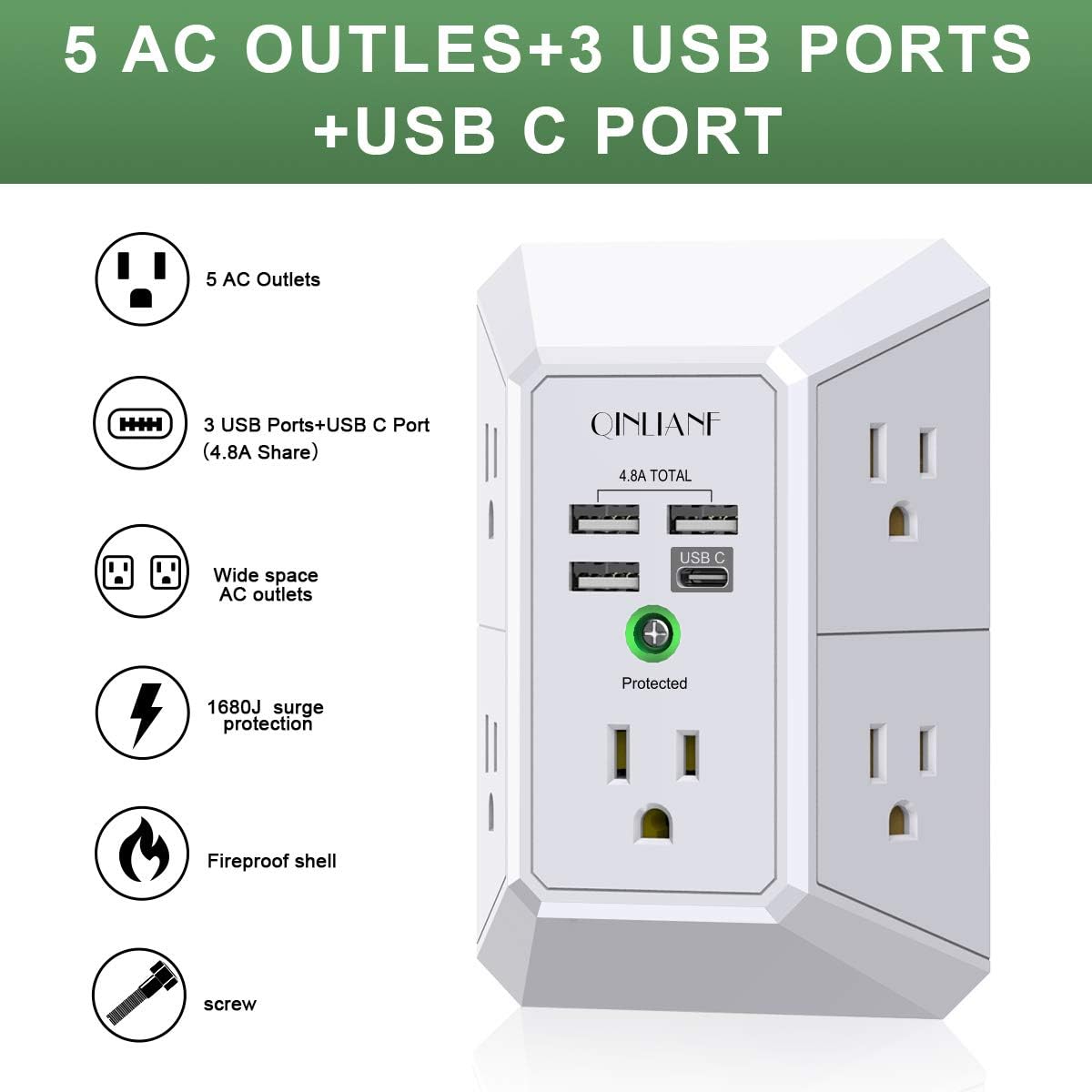 Outlet Extender with 4 USB Charging Ports (4.8A Total) - 3-Sided 1680J Power Strip Multi Plug Adapter for Home Travel Office