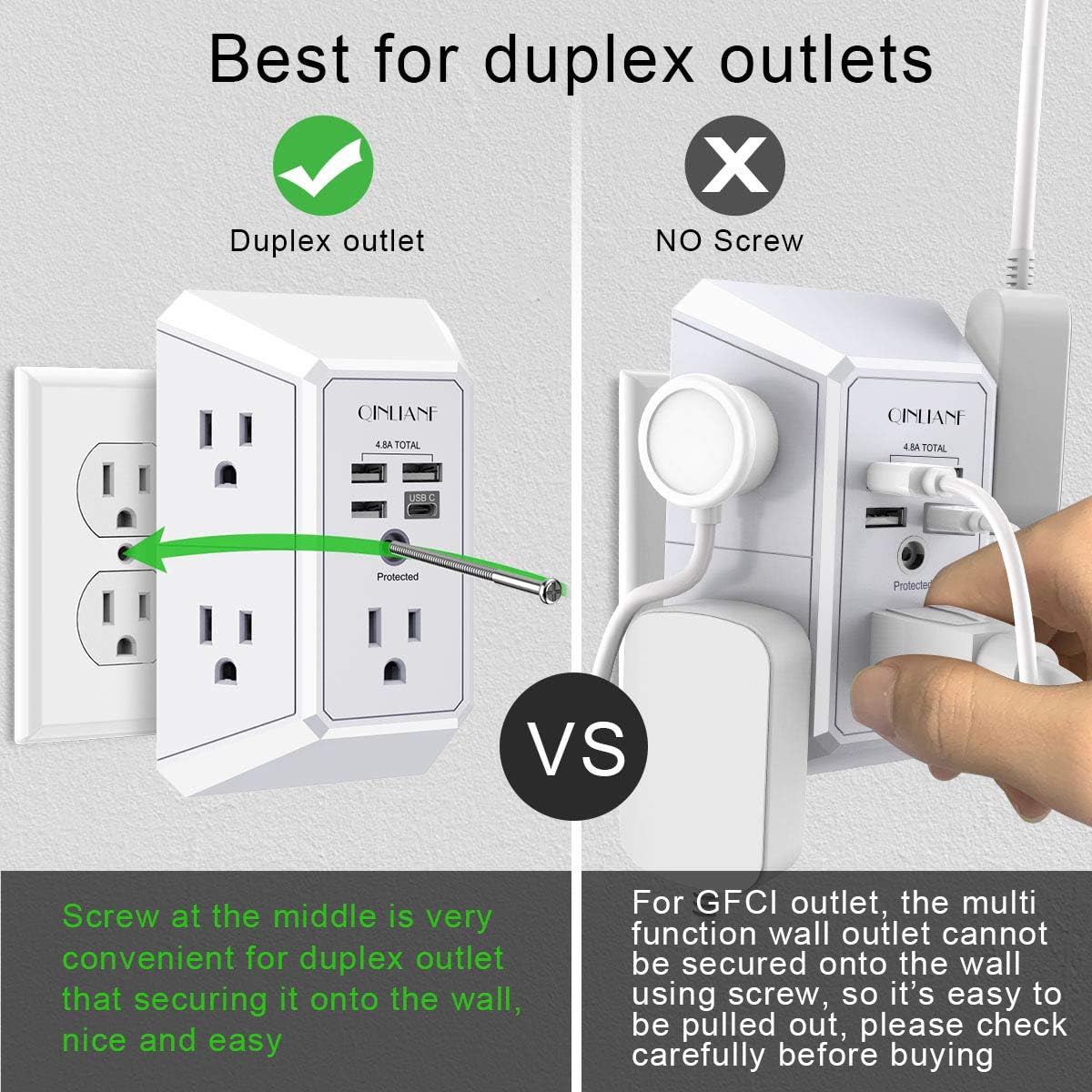 Outlet Extender with 4 USB Charging Ports (4.8A Total) - 3-Sided 1680J Power Strip Multi Plug Adapter for Home Travel Office