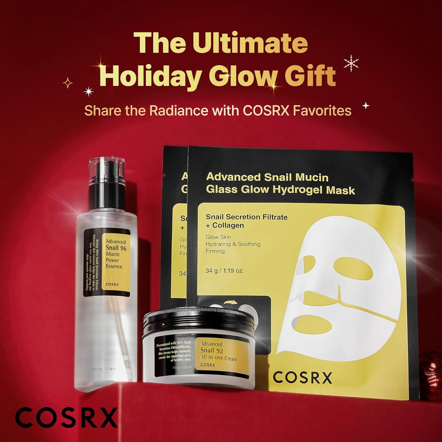 COSRX Snail Mucin Limited Holiday Gift Set - Repairing Serum, Moisturizer & Collagen Face Mask