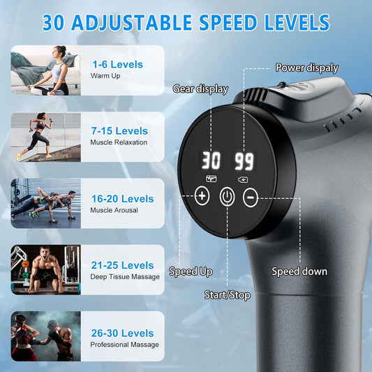 Massage Gun - Professional Deep Tissue Percussion Massager with 30 Speed Levels & 9 Heads
