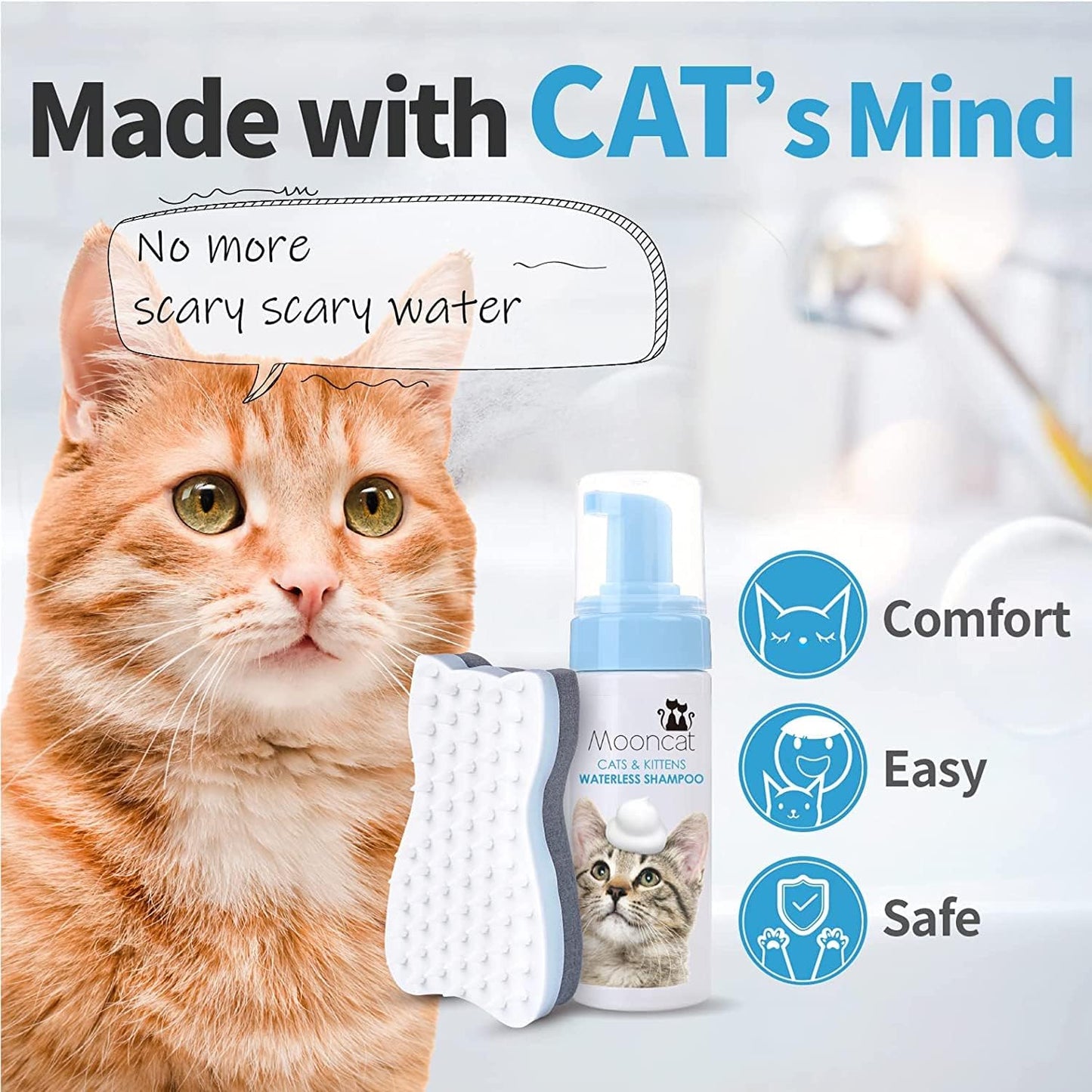 Waterless Cat Shampoo with Brush - 5oz No Rinse Foam Bath for Cats & Kittens
