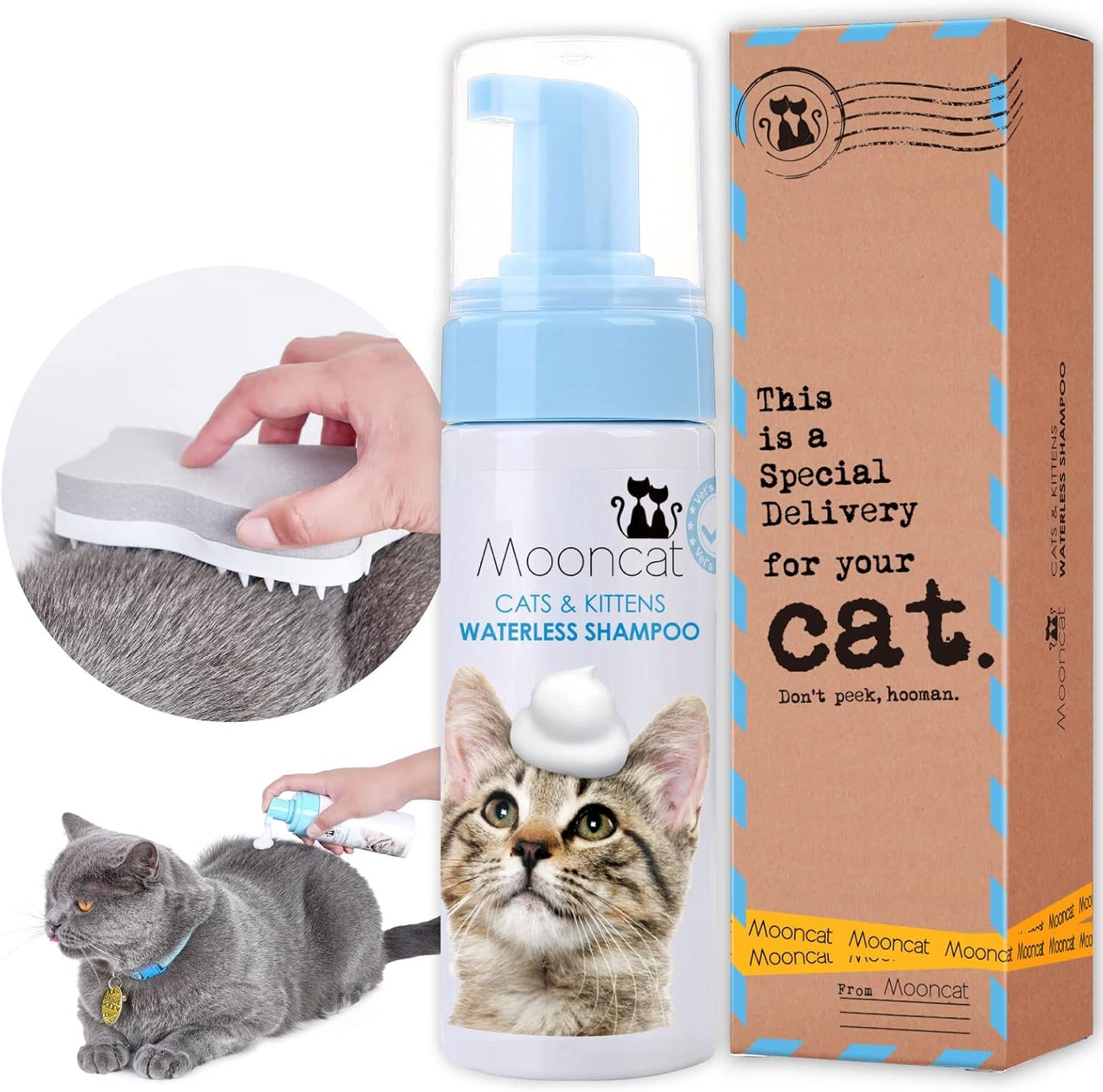 Waterless Cat Shampoo with Brush - 5oz No Rinse Foam Bath for Cats & Kittens