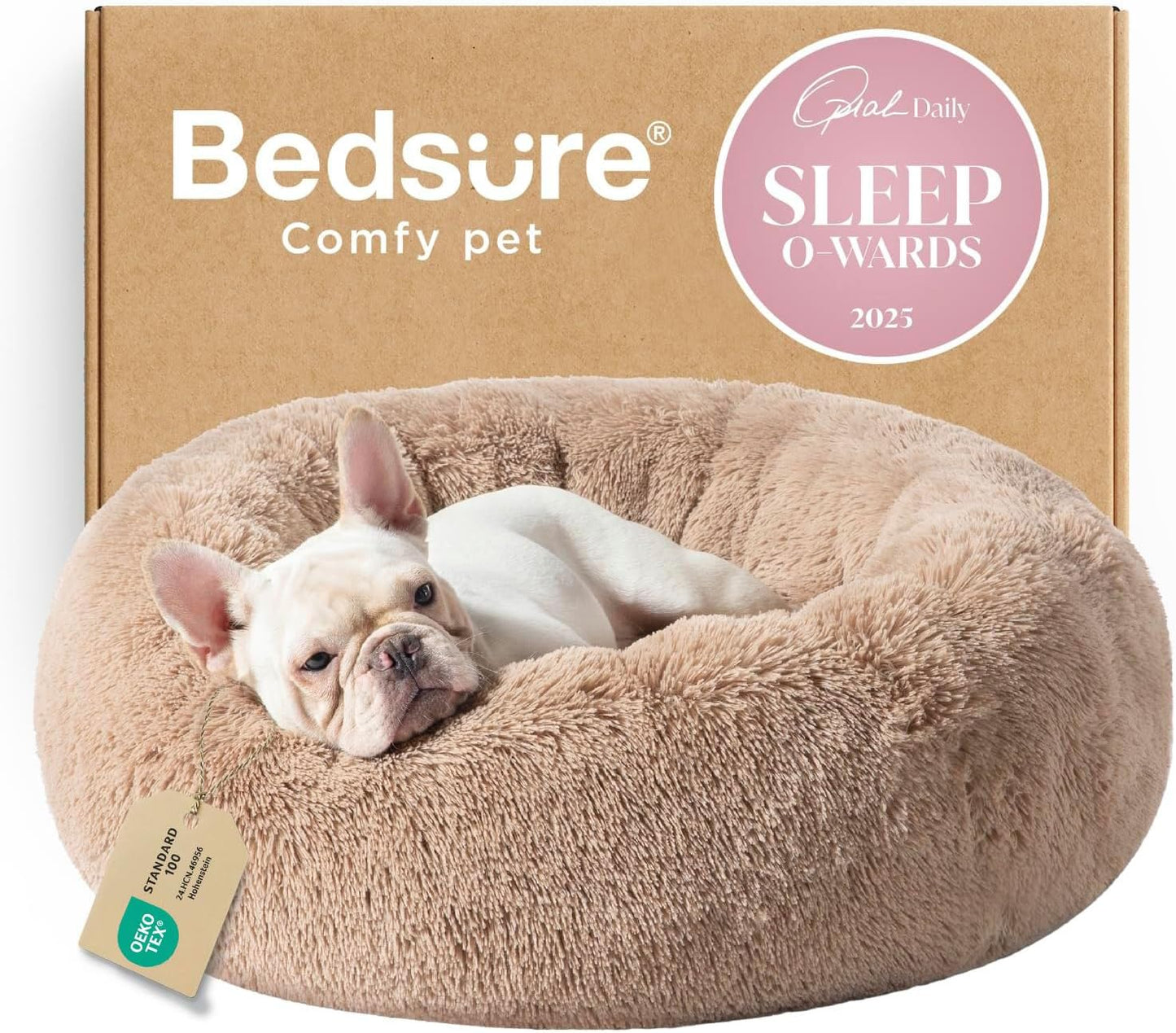 Calming Dog Bed Medium Size - 30" Donut Washable Anti-Slip Round Fluffy Plush Faux Fur Pet Bed for Dogs & Cats up to 45 lbs, Camel