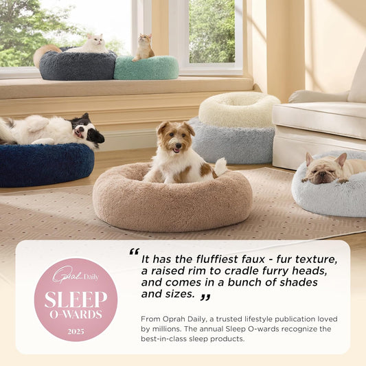 Calming Dog Bed Medium Size - 30" Donut Washable Anti-Slip Round Fluffy Plush Faux Fur Pet Bed for Dogs & Cats up to 45 lbs, Camel
