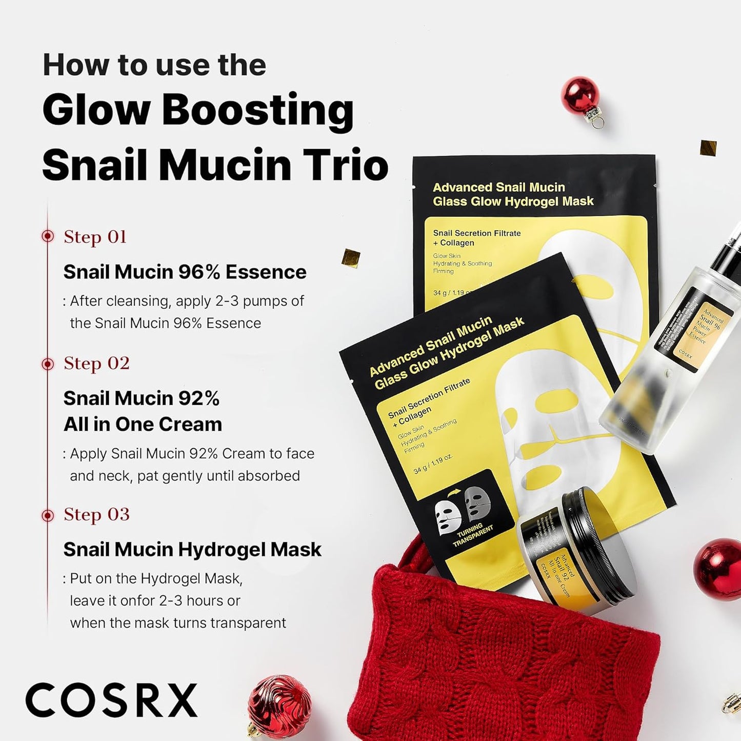 COSRX Snail Mucin Limited Holiday Gift Set - Repairing Serum, Moisturizer & Collagen Face Mask