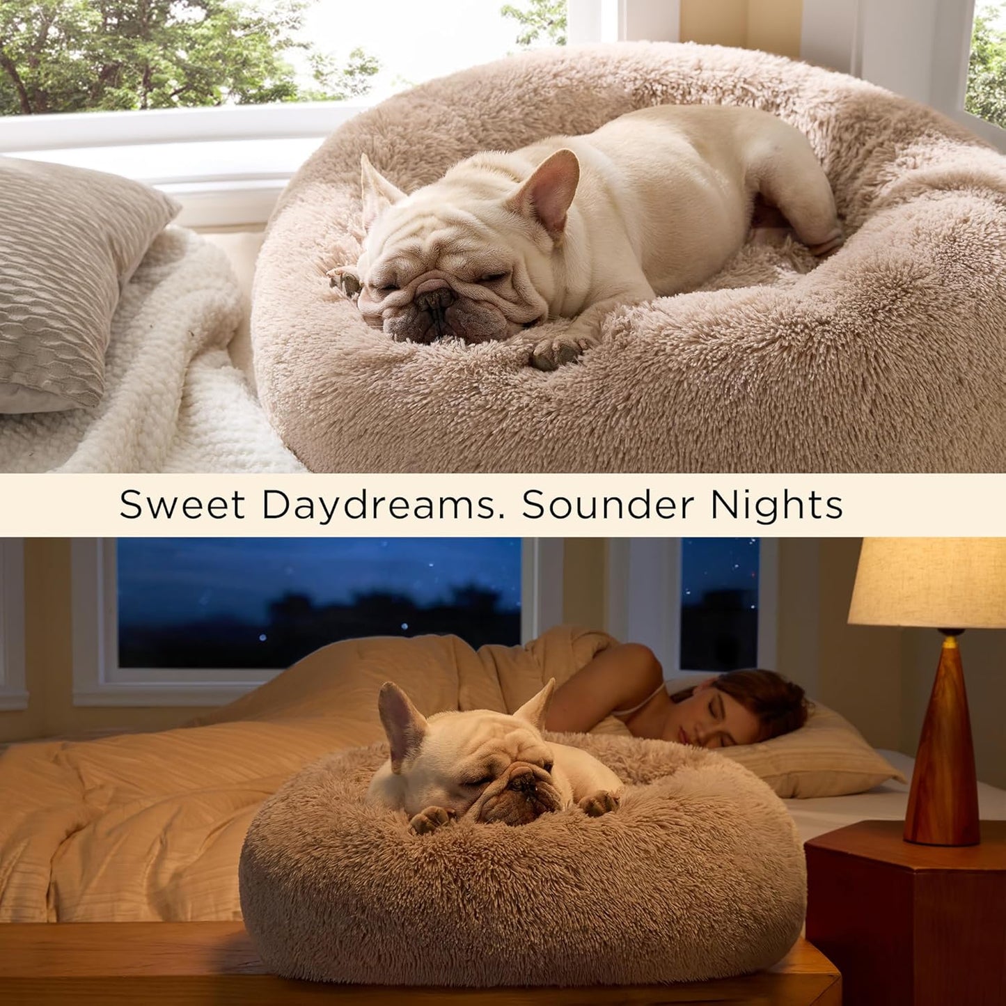 Calming Dog Bed Medium Size - 30" Donut Washable Anti-Slip Round Fluffy Plush Faux Fur Pet Bed for Dogs & Cats up to 45 lbs, Camel