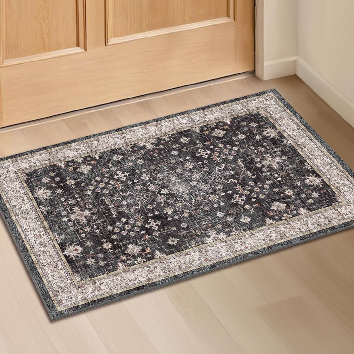 Washable Entry Rug 2x3 - Non-Slip Kitchen Bathroom Door Mat with Farmhouse Floral Design