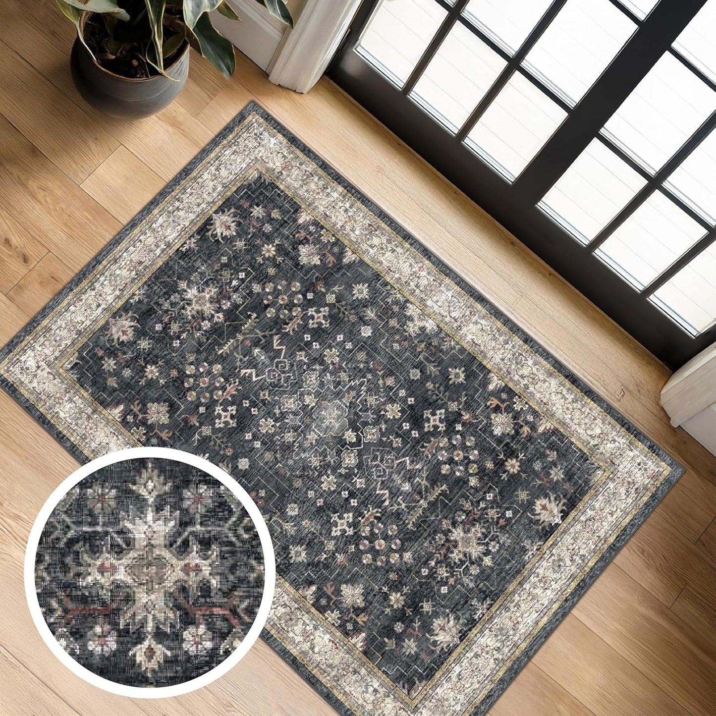 Washable Entry Rug 2x3 - Non-Slip Kitchen Bathroom Door Mat with Farmhouse Floral Design