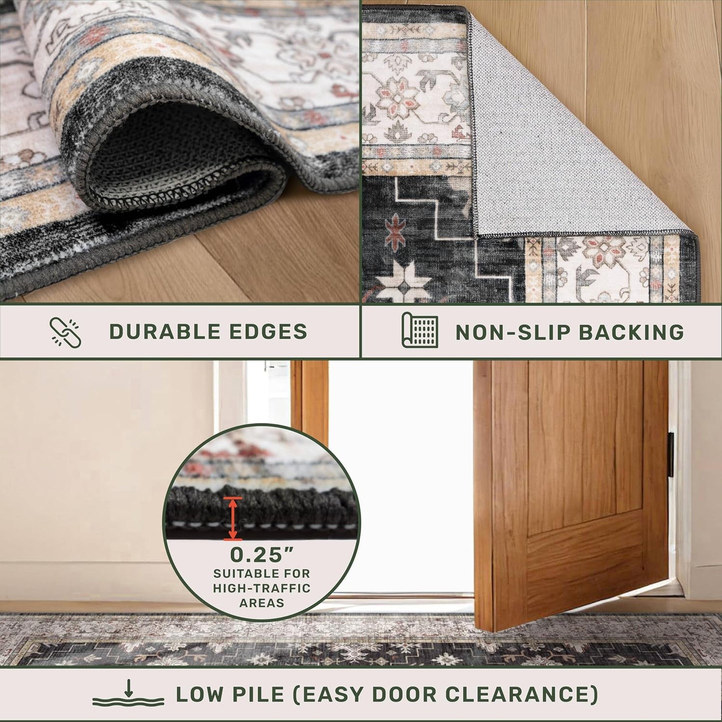 Washable Entry Rug 2x3 - Non-Slip Kitchen Bathroom Door Mat with Farmhouse Floral Design