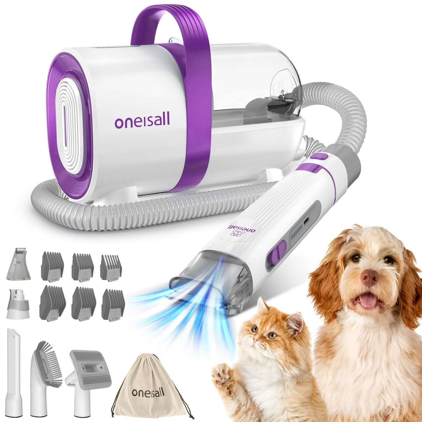 Oneisall LM3 Dog Grooming Vacuum - 8-in-1 Kit, 11000Pa Super Suction, Purple