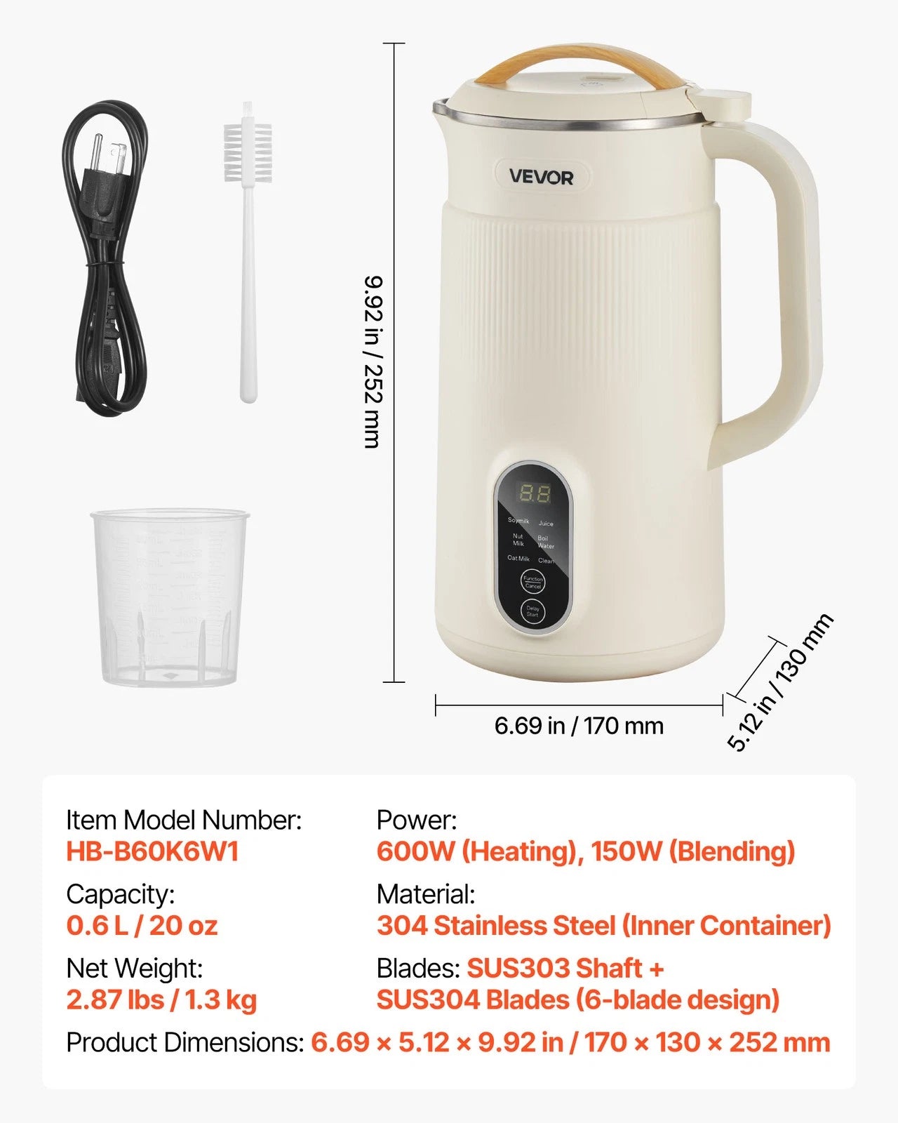 VEVOR 6-in-1 Nut Milk Maker 20 oz | Homemade Oat, Almond & Soy Milk Machine